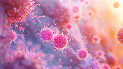 3D rendering of tumor microenvironment showing cancer cells Tcells nanoparticles fibroblasts normal cells and vessels. Concept Cancer cells, Tcells, Nanoparticles, Fibroblasts, Normal