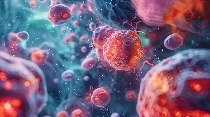 3D rendering of tumor microenvironment showing cancer cells Tcells nanoparticles fibroblasts normal cells and vessels. Concept Cancer cells, Tcells, Nanoparticles, Fibroblasts, Normal