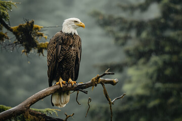 Majestic bald eagle perched on branch in rain