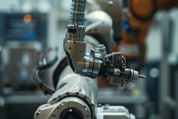 Fototapeta premium An automated robotic arm in a modern manufacturing plant, performing tasks with precision and efficiency, surrounded by industrial equipment and machinery
