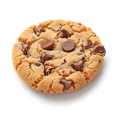 Delicious chocolate chip cookie with a golden-brown texture, isolated on white background. Perfect for baking, dessert, and snack themes.
