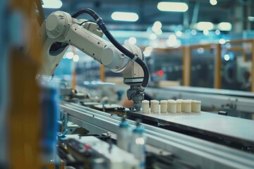 Fototapeta premium An automated robotic arm in a modern manufacturing plant, performing tasks with precision and efficiency, surrounded by industrial equipment and machinery