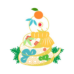 鏡餅の形の白蛇。フラットなベクターイラスト。
White snake in the shape of a New Year's rice cake. Flat vector illustration.