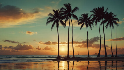 Artistic summer collage with palm trees and beach scenery in sunset hues blending vintage charm with vibrant tropical colors and textures