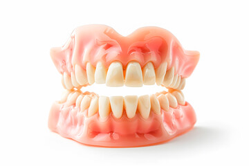 Obraz premium Close-up of upper and lower dentures isolated on a white background, suitable for dental health and hygiene concepts.