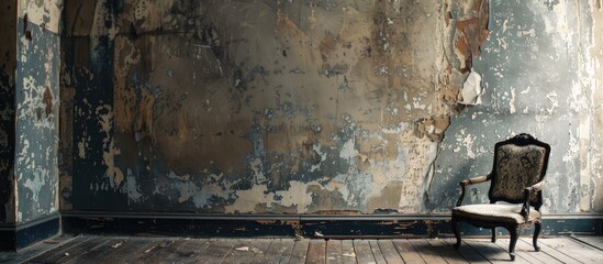 Old room with worn wallpaper and former beauty. Copy space image. Place for adding text and design