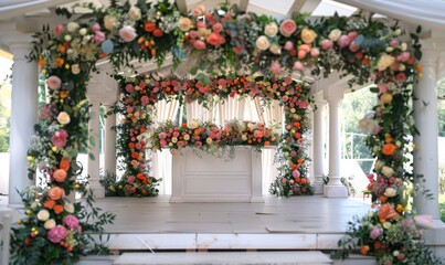 Beautifully decorated wedding altar adorned with flowers and greenery