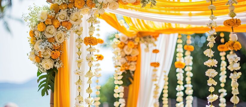 Indian wedding mandap decor yellow and white flowers. Copy space image. Place for adding text and design