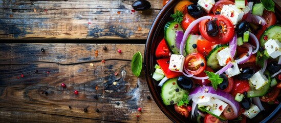 Fresh Greek salad - feta cheese, tomatoes, cucumber, red pepper, black olives and onion on wooden table. Copy space image. Place for adding text and design