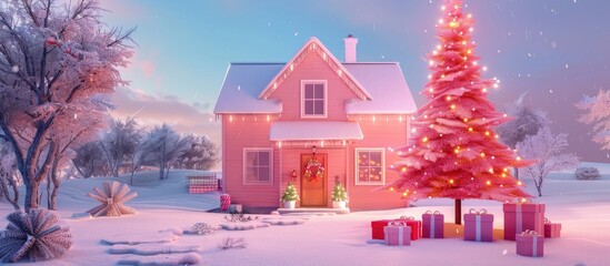 Beautifully decorated house with a pink tree and presents at Christmas. Copy space image. Place for adding text and design