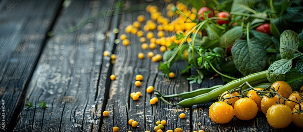 Poster yellow and green beans with vegetables on a dark wood background. the toning. selective focus. Copy space image. Place for adding text or design