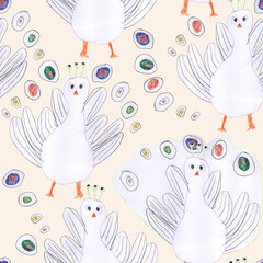 Seamless pattern of white peacock birds, hand drawn with colored pencils on a beige background