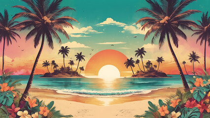 Obraz premium Artistic summer collage with palm trees and beach scenery in sunset hues blending vintage charm with vibrant tropical colors and textures