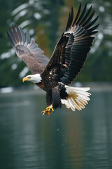 Fototapeta premium Majestic bald eagle flying low over water catching prey