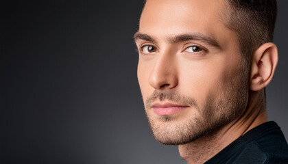 Obraz premium Close-up shot of a man face on pure black background, low light, copy space on a side