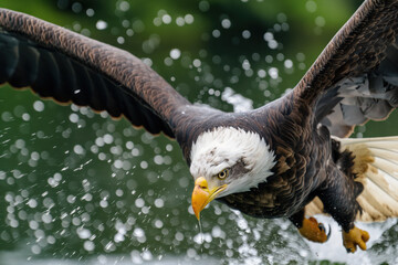 Majestic bald eagle flying low over water catching prey