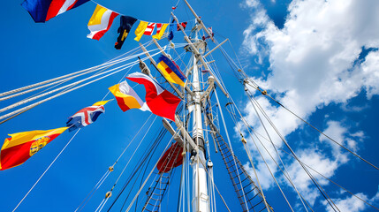 International maritime signal flags on a flagpole and masts on a sailing ship with a blue sky in the background : Generative AI