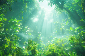 Fototapeta premium Sunlight is shining through the lush canopy of a tropical forest