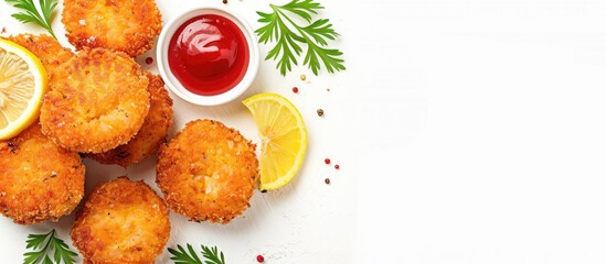 Chicken patties or fish cakes fried in breadcrumbs with ketchup and lemon slices. isolated on white background. Copy space image. Place for adding text or design