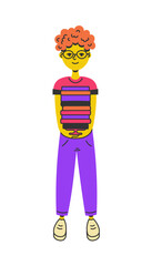 Cute young Man in Glasses Holding Stack of Books.Redheaded smart boy posing with literature novels. Library Bookshop Studying University Knowledge concept. flat design. Vector illustration