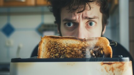 Disappointed Person Looking at Burnt Toast in Toaster - Breakfast Mishap Concept