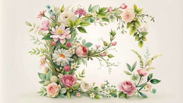 Delicate blooming flowers, lush greenery, and curved vines intertwine to form a elegant, whimsical letter E in a soft, pastel hue.