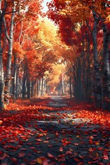 Autumnal Forest Pathway with Vibrant Fall Foliage and Crunchy Leaves Underfoot