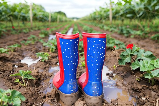 Blue and red polka dot rain boots in the mud. Vegetable garden shoes. Season