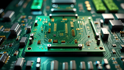 Circuit board representing sustainable technology, Include elements such as green energy indicators, recycling symbols, and digital eco-friendly motifs.