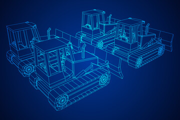 Big front-end loader bulldozer. Heavy equipment machine and manufacturing equipment for mining. Wireframe low poly mesh vector illustration.