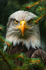Obraz premium Majestic bald eagle staring through evergreen tree branches