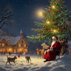 Naklejka premium santa claus and their christmas tree