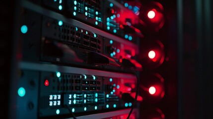 Obraz premium photo illustration of server rack in a data center , security, networking, hacking. 16:9