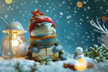 A turtle wearing a red hat and a blue sweater sits on the snow