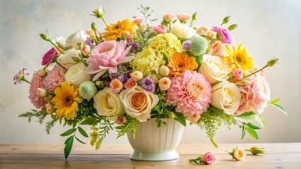 Vibrant pastel-hued floral arrangement set against soft, creamy white background, exuding warmth and serenity in a peaceful atmosphere.