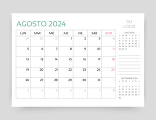 August 2024 year calendar in Spanish. Planner calender template. Week starts Monday. Desk monthly organizer. Table schedule grid. Timetable layout. Corporate diary. Vector illustration. Paper size A5