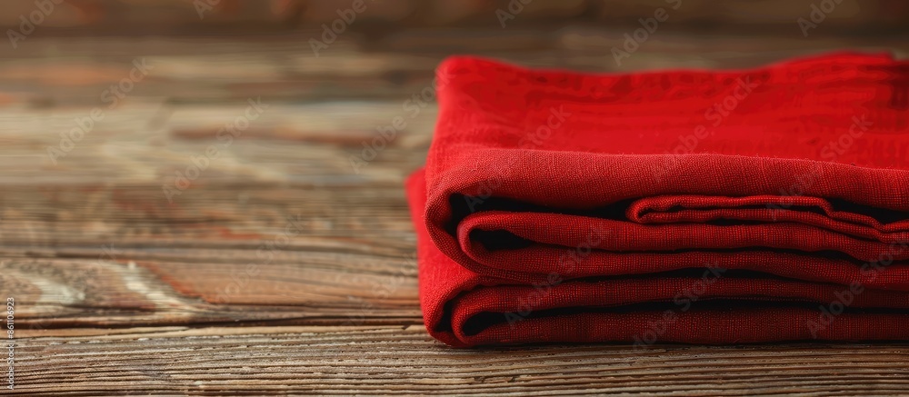 Poster red folded tablecloth over bleached wooden table. copy space image. place for adding text or design