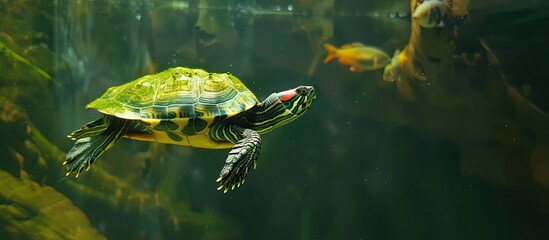 Domestic red eared turtle, Trachemys scripta in aquarium. Pond slider swimming in water. Famous fresh water tortoise for aquarium hobby. Aquatic organism, underwater life, aquarium pet