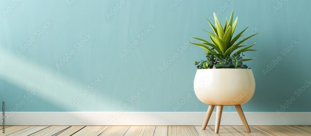 Wall mural decorative flower pot with wooden legs. copy space image. place for adding text and design