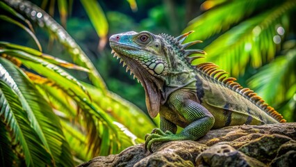 Obraz premium Majestic iguana perches on rocky outcrop in lush tropical forest of Tayrona National Park, Colombia, with vibrant green foliage surrounding.