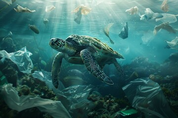 Obraz premium Environmental problem caused by plastic pollution in oceans. Turtles can eat plastic bags believing they are jellyfish.