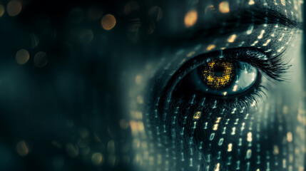 A face partially obscured by falling matrix code, one eye glowing with digital light, right third copy space