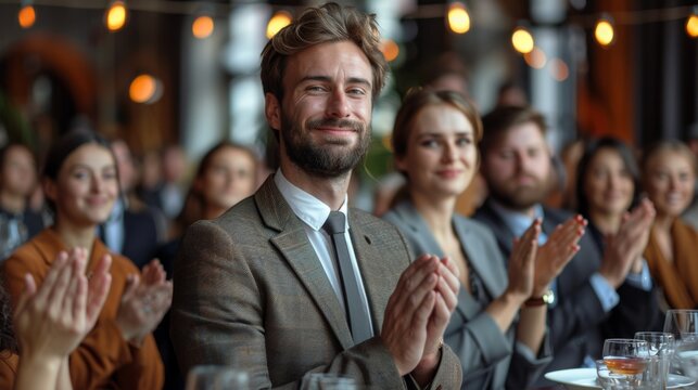 A group of people applauds a colleague's presentation during a corporate meeting after a fascinating presentation in a professional business meeting. Female and male employees are thanking the
