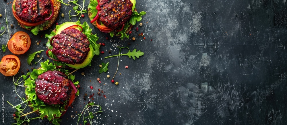 Wall mural veggie beet and carrot burgers with avocado. copy space image. place for adding text or design