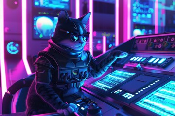 Fototapeta premium A robot cat is sitting at a computer keyboard