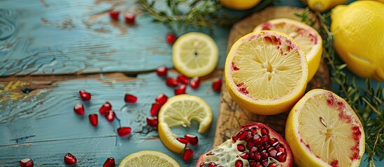 Close up of herbal face pack of pomegranate and lemon juice with rose water on wooden surface with some sliced lemons and pomegranates used for Dull skin. pastel background. Copy space image