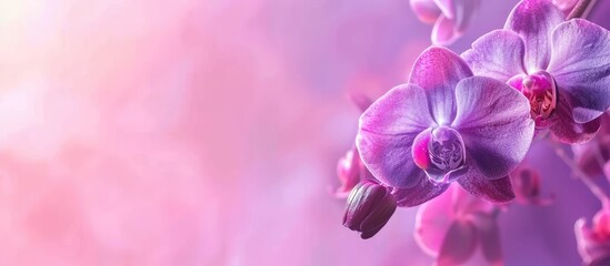 Plakat beautiful purple orchid flower (Orchidaceae) pastel background. Copy space image. Place for adding text and design