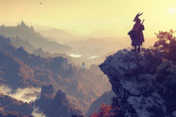 A man stands on a mountain top, looking out over a vast landscape