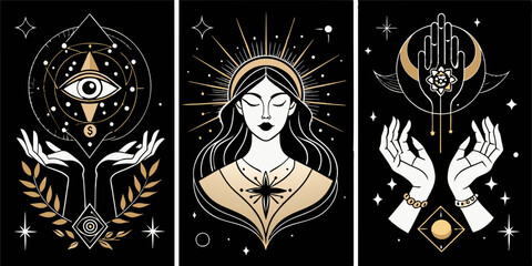Fototapeta premium Three posters of a woman, an allseeing eye, and a hand. The collection includes three posters featuring a woman, an allseeing eye, and a hand. The designs are influenced by symmetry, monochrome colors
