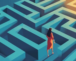 A woman in a red dress stands at the entrance of a blue maze, contemplating her next move in the glowing evening light.